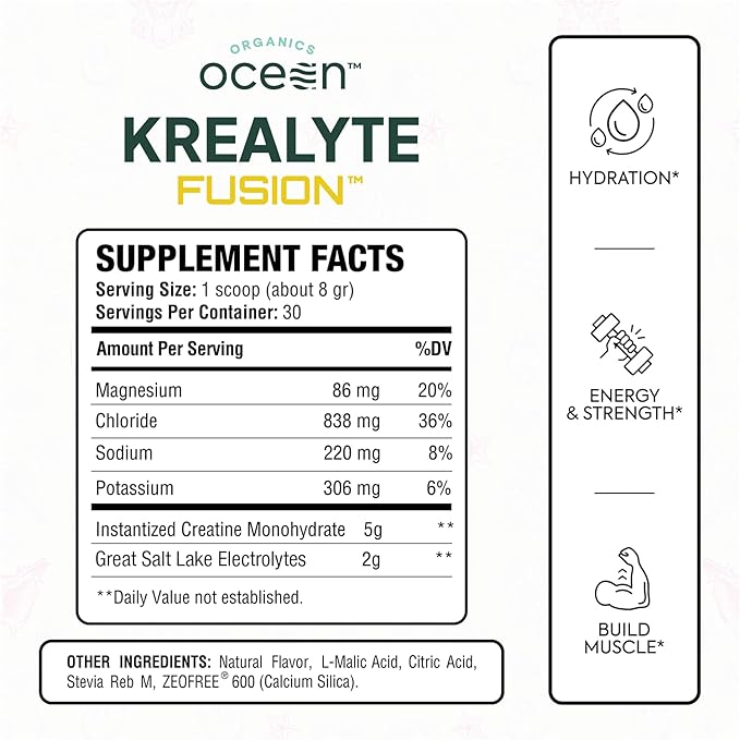 Organics Ocean Krealyte Fusion - Instantized Creatine Monohydrate Powder with Electrolytes - Muscle Strength Endurance &amp Hydration Support - Vegan Sugar-Free Pink Lemonade Flavor - 120 Servings