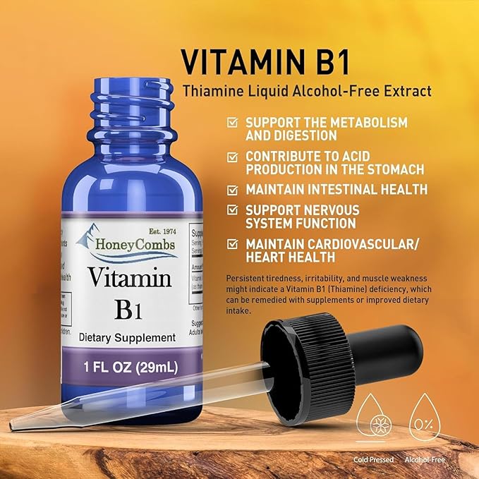 HoneyCombs Vitamin B1 Thiamine Liquid Drops for Adults and Kids High Potency B1 Vitamin Supplement Vegan Vitamina B1 Formula Thiamine B1 Supplement Made in USA