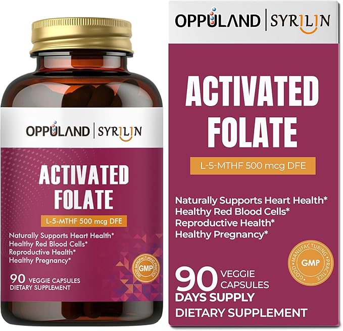 Activated Folate-L 5-MTHF DFE Supplement - Methylfolate B9 MTHF with Vitamin B12 CoQ10 &amp Red Raspberry - Methylated L-Methylfolate for Men and Women - 500 mcg - 90 Veggie Capsules