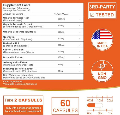 2200mg Liposomal Turmeric Curcumin Supplement with Black Pepper &amp Ginger Enhanced Absorption - 95% Curcumin Extract for Joint Support 180 Capsules