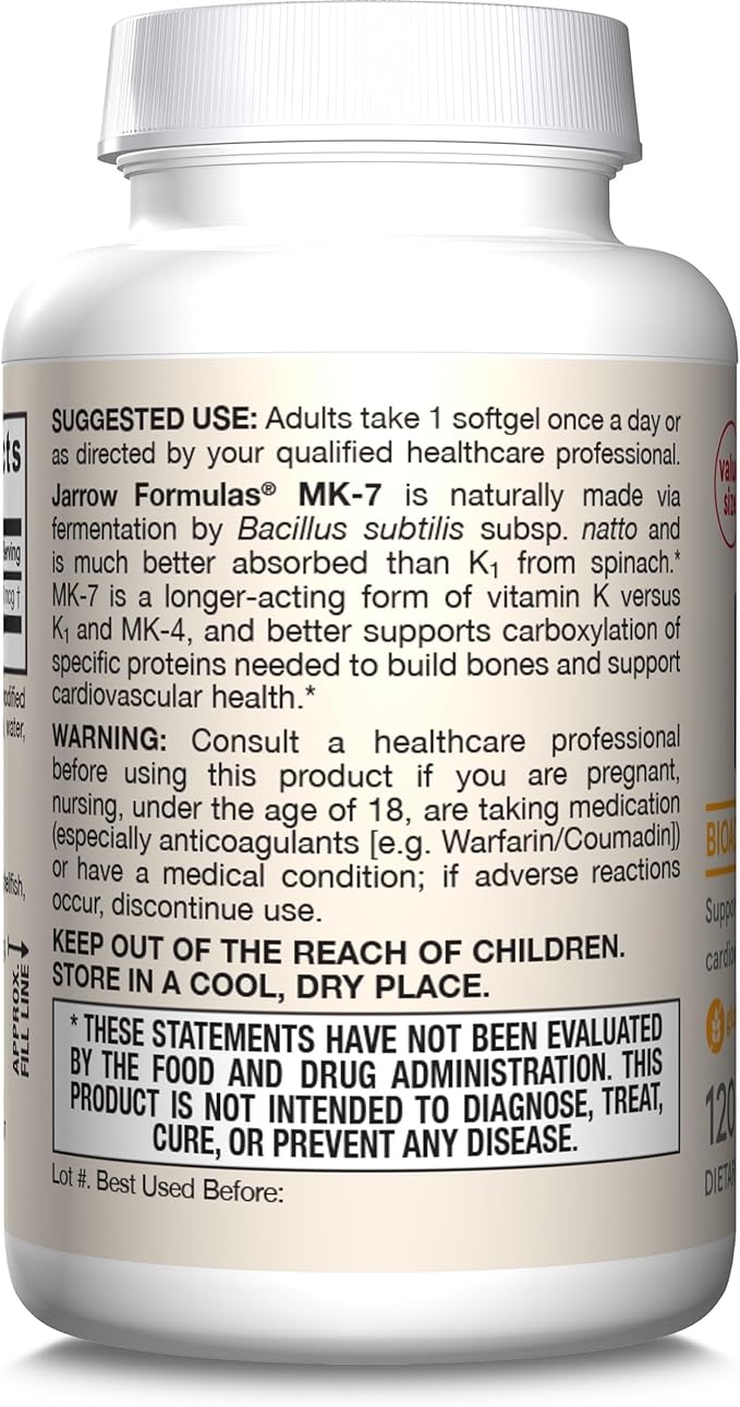 Jarrow Formulas MK-7 90mcg-Bioactive Form of VIT K2-120 Servings(Softgels)-for Bone &amp CV Health-VIT K2 MK-7 Dietary Supp-K2 VIT Supp MK-7-Gluten Free12 Pack