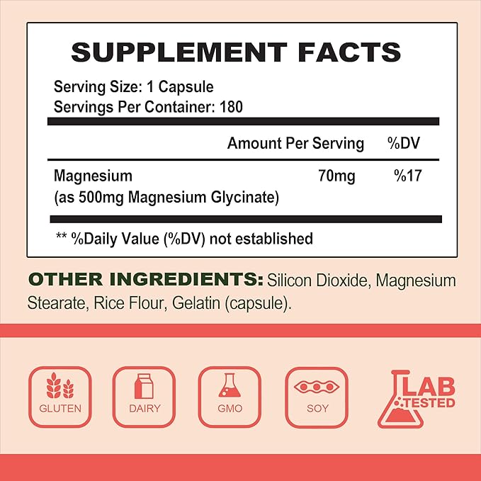 Magnesium Glycinate 500mg 100% Chelate for High Absorption Magnesium Supplement for Sleep Muscle Heart Never and Bone Support 180 Capsules