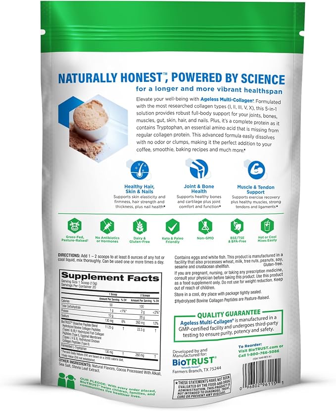 BioTrust Ageless Multi Collagen Peptides Powder – 5 Types (I II III V X) – Chocolate Collagen Powder for Women &amp Men – Hydrolyzed Protein – Grass Fed Beef Fish Chicken Eggshell Membrane