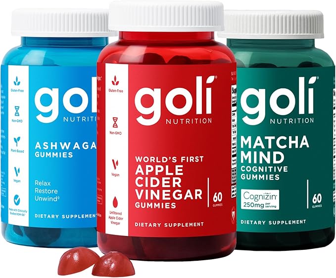 3 Bottles of Goli Favorites Bundle: Ashwagandha KSM-66 Apple Cider Vinegar Matcha Mind Supplements with Cognizin Vitamins D2 and B12