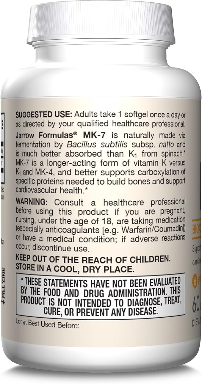 Jarrow Formulas MK-7 90 mcg - Bioactive Form of Vitamin K2-60 Servings (Softgels) - for Bone &amp Cardiovascular Health - Vitamin K2 MK-7 Dietary Supplement - K2 Vitamin Supplement MK-7 - Gluten Free