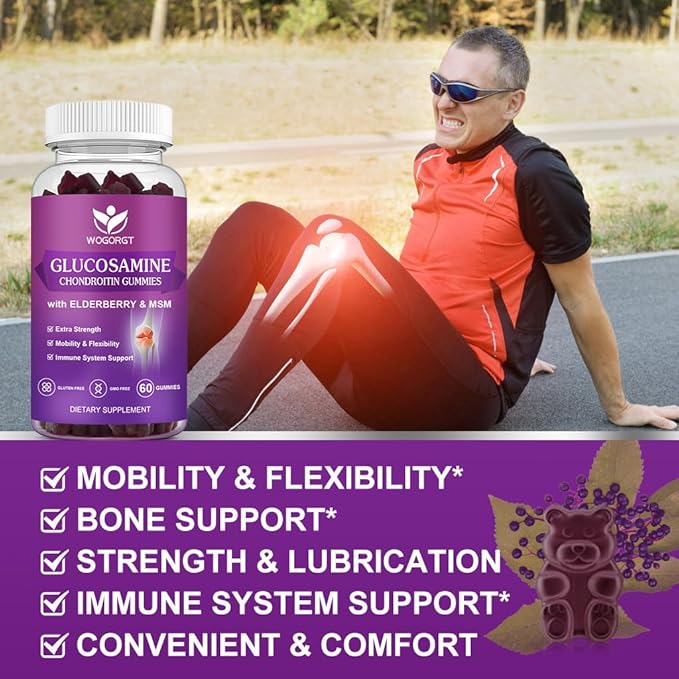 WOGORGT Glucosamine Chondroitin Gummies for Women &amp Men - 1500mg Glucosamine Chondroitin with MSM &amp Elderberry - Flexibility &amp Immune Support - 60 Gummies (2 Pack)