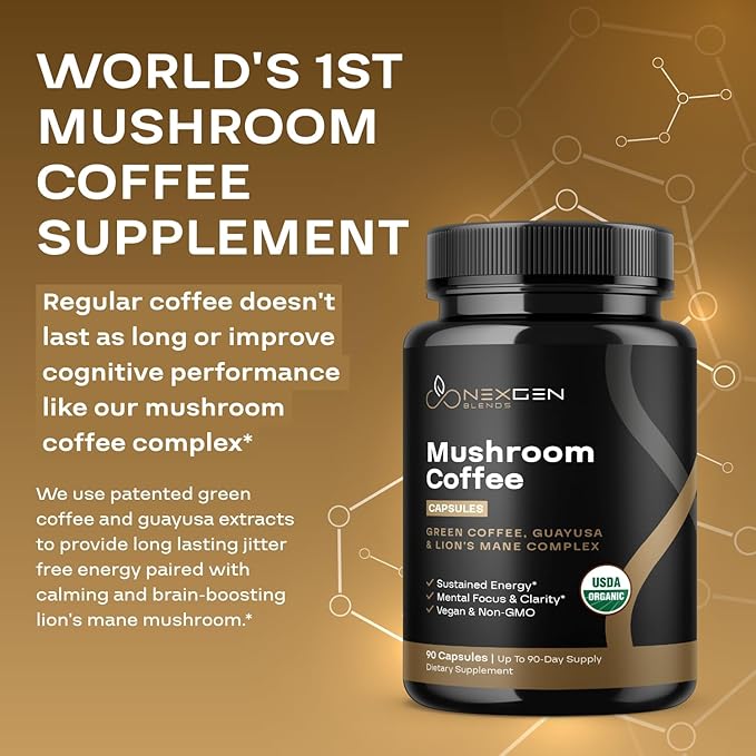 100% Organic Mushroom Coffee Capsules - Natural Energy Supplement with 130mg Caffeine from Clinically Proven Patented Green Coffee Bean &amp Guayusa Extracts for Jitter-Free Energy &amp Focus (90 Se