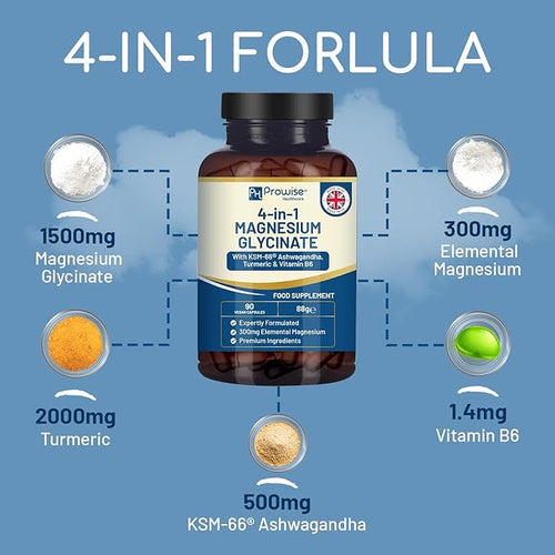 4-in-1 Magnesium Glycinate Added with KSM-66 Ashwagandha Turmeric and Vitamin B6 | 90 Vegan Capsules | 4001 mg per Serving | Easy to Swallow Capsule | GMO &amp Gluten Free | Premium Quality by Prow