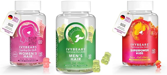 IvyBears® Family Hair &amp Health Bundle – Hair Vitamins for Men &amp Women + Kids Multivitamin Gummies – Daily Hair Skin &amp Immunity Support – Vegan – Made in Germany – 3-Pack