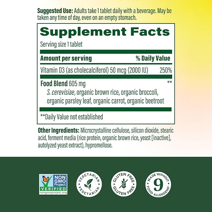 MegaFood Vitamin D3 2000 IU (50 mcg) - Vitamin D Supplements With Real Food Immune Support Supports Bones Teeth &amp Muscles Vegetarian Certified Non-GMO Kosher – 90 Tablets 90 Servings
