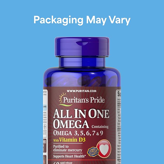 Puritan's Pride All In One With Omega 3 5 6 7 9 And Vitamin D3 Alaskan Salmon Oil Dietary Supplement for Cardiovascular Heart and Circulation Support 1 Month Supply 60 Rapid Release Softgels