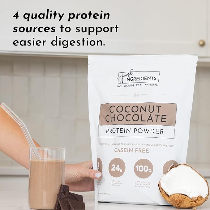 JUST INGREDIENTS Coconut Chocolate Protein Powder – 30-Serving Blend with 100% Grass-Fed Whey &amp Organic Plant Proteins – Creamy Coconut Cocoa Flavor – Supports Muscle Recovery Energy*
