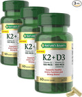 Nature's Bounty Vitamin D3 K2 Supplement 4000 IU D3 Plus 100 mcg of Vitamin K Supplements for Adults for Heart &amp Bone Health Support 60 Day Supply 60 Vegetarian Capsules (Pack of 3)