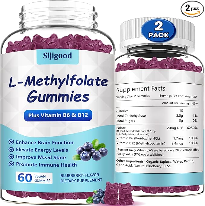 2 Pack L-Methylfolate Gummies with Methyl B12 - Empower Mood Optimize Brain Health &amp Fortify Immune System. Blueberry Flavor 120 Count.