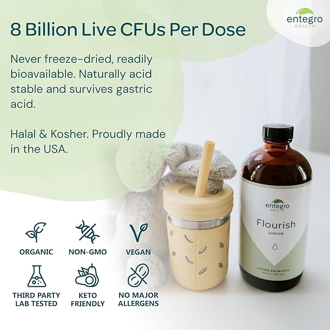 ENTEGRO Flourish Junior Liquid Probiotic &amp Postbiotic Supplement - Glass | 11 Live Cultures | Gut &amp Digestive Health for Women Men &amp Kids | Organic Vegan Allergen Free | USA Made | 16 f