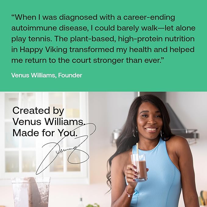 Happy Viking Plant-Based Protein Powder +100 Superfoods Strawberry Meal Replacement Shake Created by Venus Williams 30g Plant Protein 10g Fiber Vegan Gluten-Free Non-GMO15 Meals