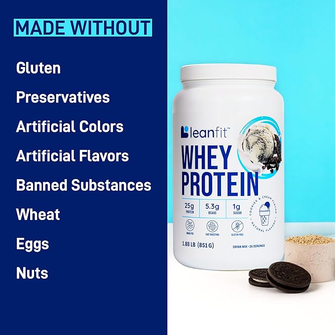 LeanFit WHEY Protein Cookies &amp Cream - 100% Whey Protein Powder 25g Protein Per Serving - Grass-Fed Gluten-Free BCAAs Amino Acid - 26 Servings 1.88 lb Tub