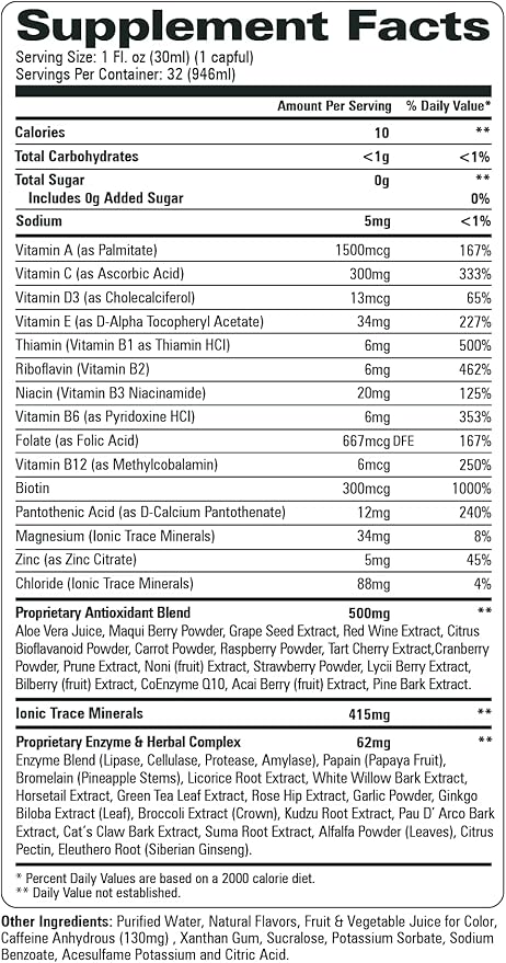 Liquid Vitamin Turbo Power Plus: 47 Vitamins Enzymes Vitamin D3 Vitamin A Vitamin C and Zinc for Men Women Teens and Kids