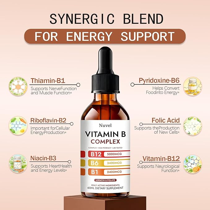 Nuvel Vitamin B Complex Drops with B12 B1 B6 5-in-1 Vitamin B Liquid Supplement for Daily Wellness