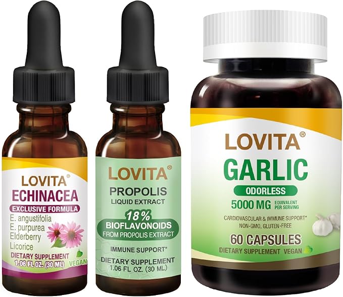 LOVITA Triple Herbal Bundle - 1 Propolis Drops 1 Odorless Garlic &amp 1 Echinacea Liquid Natural Heart &amp Immune Support (3 Pc Set)