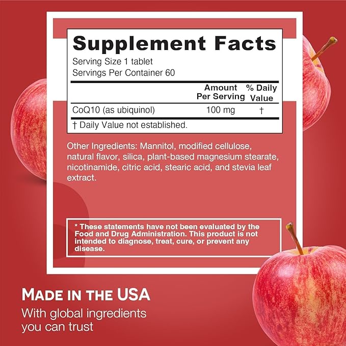 EZ Melts Ubiquinol 100 mg - CoQ10 Supplement for Heart Health &amp Energy Support - Antioxidant Protection - No Artificial Flavors - Non-GMO &amp Vegan - Apple - 120 Dissolvable Tablets (120 Serving