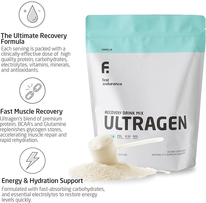 FIRST ENDURANCE Ultragen Workout Recovery Drink Powder Protein Mix Boosts Energy Accelerates Recovery | Vanilla 15 Servings