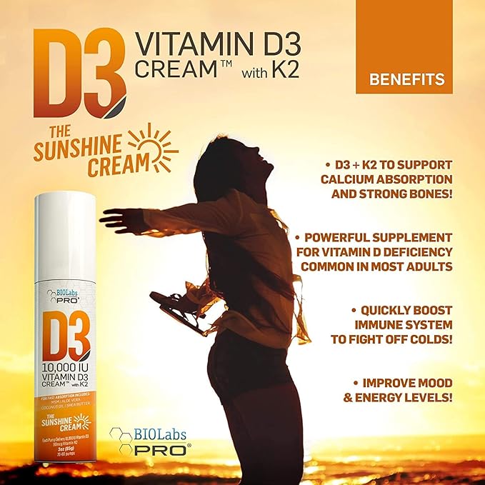 BIOLABS PRO All Natural Vitamin D3 10000IU Vitamin D Cream - Maximum Strength - Fight Vitamin D Deficiency Naturally - with Vitamin K2 &amp Olive Leaf Extract - Safe &amp Effective (10000IU - 3.0oz