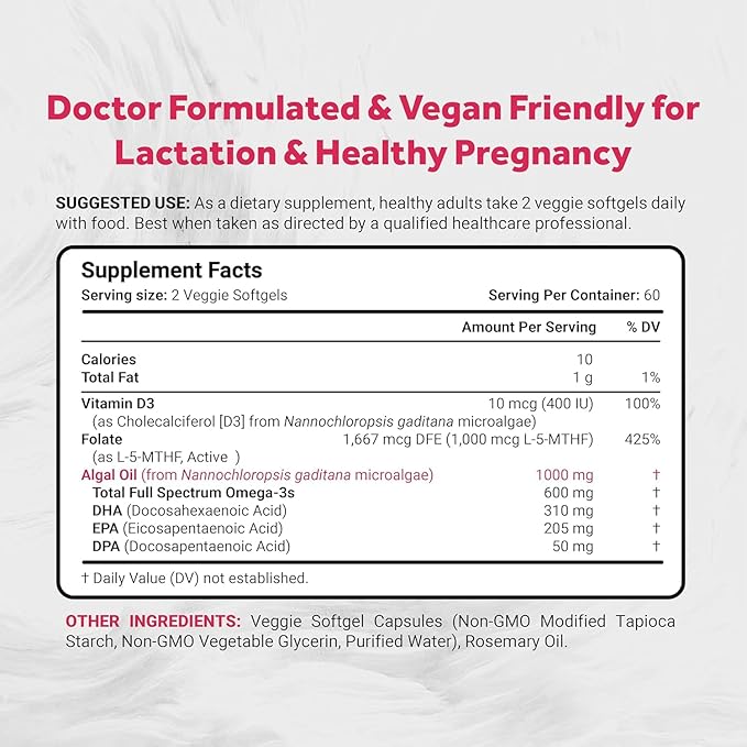 Naturalis Vegan Prenatal with Full Specrum Omega-3 | Algae DHA EPA DPA Vitamin D3 &amp Active Folic L 5-MTHF | Vegan Society Certified Sustainably Sourced Non-GMO &amp Soy Free | 120 Veggie Sof