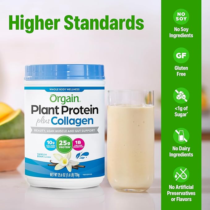 Orgain Protein Powder + Collagen Vanilla Bean - 25g of Protein 10g Collagen Peptides Type I &amp III 1B CFU Probiotics Supports Hair Skin Nail Joint &amp Gut Health Gluten Free - 1.6lb