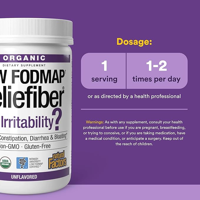 Natural Factors Organic Low FODMAP Reliefiber Powder - Digestive Health Support Supplement with Dietary &amp Soluble Fiber - Gut Health Support Aids Mild Bloating - Unflavored 5.3 oz (30 Servings)