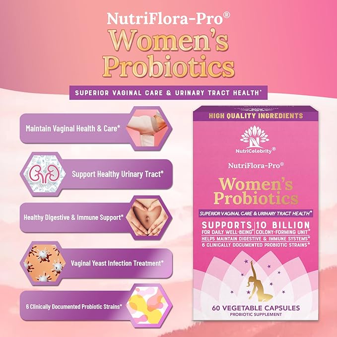Nutricelebrity NutriFlora-Pro Probiotics for Women - Support Vaginal Urinary Health (UTI) Digestive System Period Pain Yeast and BV Relief Cranberry Pills 10 Billion CFU 6 Strains (60 Caps)