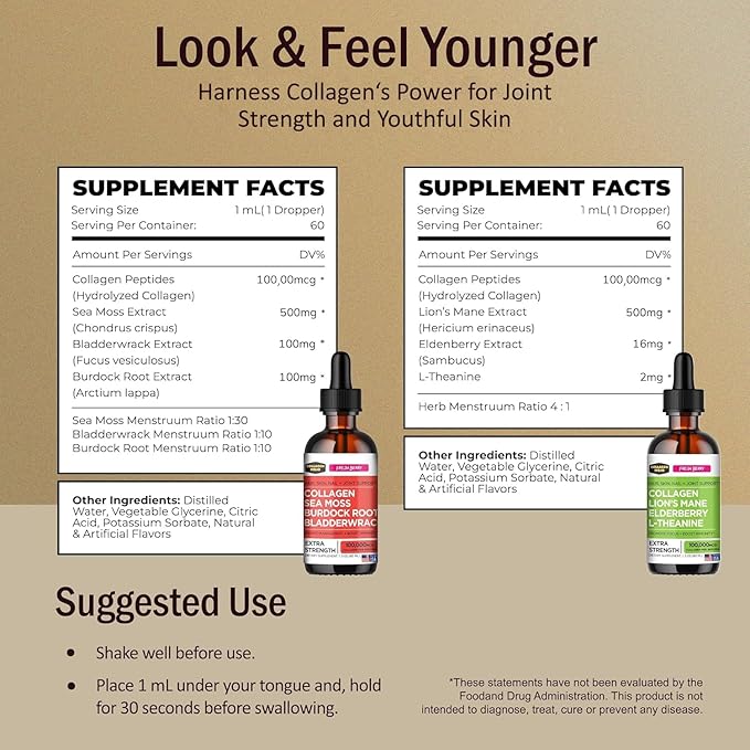 Collagen Mojo Liquid Collagen Peptides with Sea Moss Burdock Root &amp Bladderwrack + Liquid Collagen Peptides with Lions Mane Mushroom Elderberry &amp L-Theanine