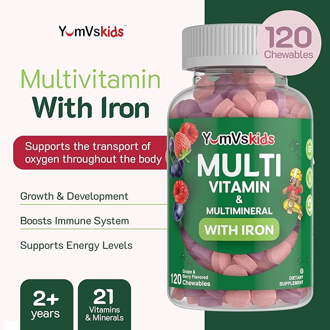 YUM-V'S Probiotics &amp Multivitamin Bundle for Kids – Probiotic with Prebiotic Fiber Chocolate Bears + Multivitamin &amp Multimineral with Iron Chewables – Digestive Immune &amp Overall Health Su