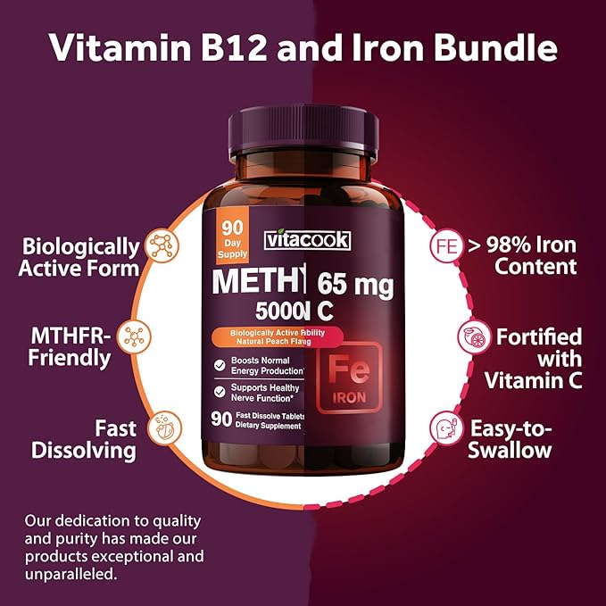 Iron and Vitamin B12 Bundle 5000 mcg B12 Zero Sugar Carbonyl Iron with Vitamin C Gentle on The Stomach
