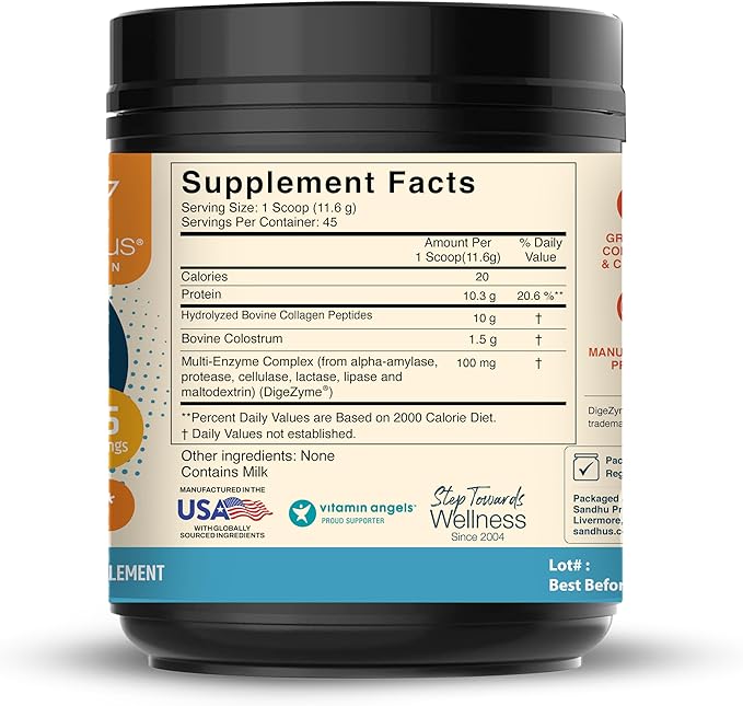 Sandhu's Bovine Colostrum with Collagen Powder | Hair Beauty Skin &amp Nail Supplement | Supports Gut Immune Health | Digestive Enzymes | 45 Servings Large Pack | Nutrition for Women