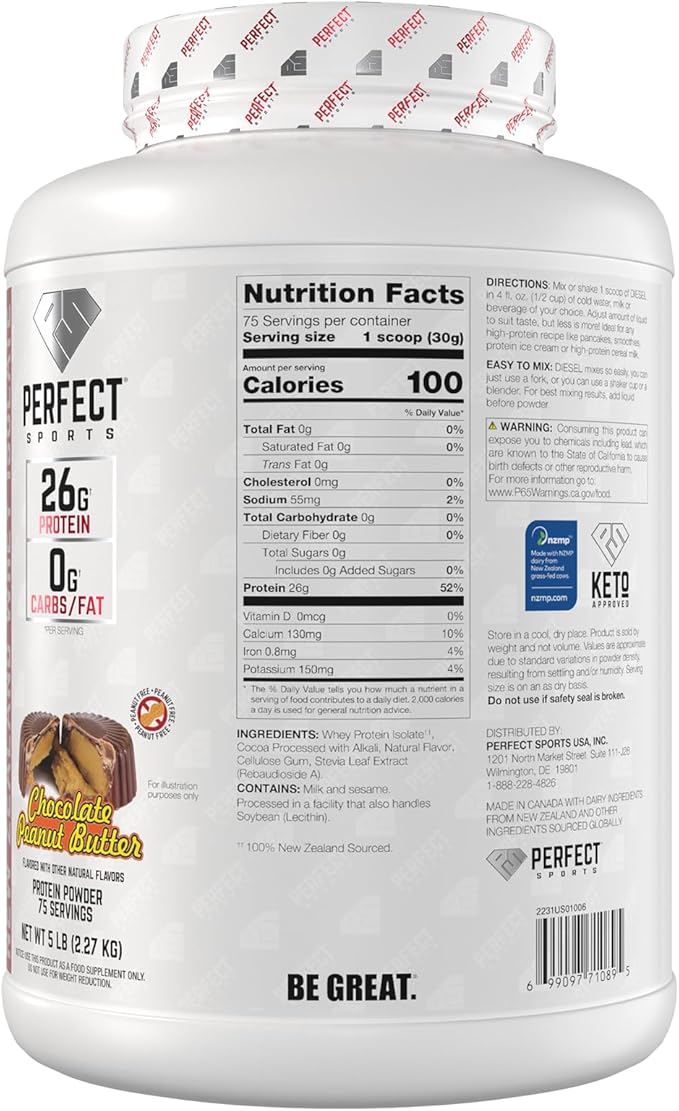 PERFECT SPORTS Diesel 100% New Zealand Whey Protein Isolate | Stevia Sweetened No Artificial Ingredients Keto | 0g Carb 0g Fat 26g Protein | 5 Pounds (Chocolate Peanut Butter)