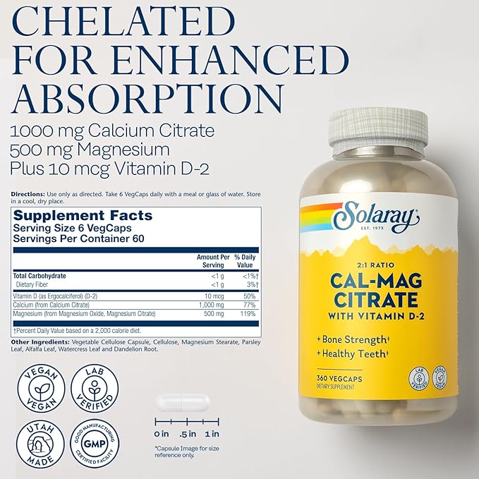 Solaray Calcium Magnesium Citrate 2:1 Ratio - Calcium Supplements for Women and Men w/Magnesium and Vitamin D 2 - Bone Health Muscle and Nerve Support - Vegan 60-Day Guarantee 60 Serv 360 VegCaps