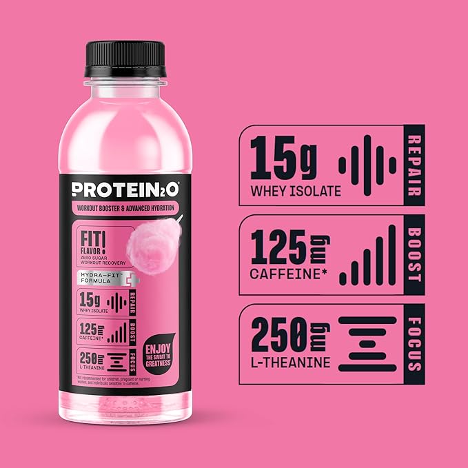 Protein2o 15g Whey Protein Isolate Hydration Drink Plus Energy &amp Focus 350mg of Electrolytes Vitamins B5 &amp B6 Sugar Free Cotton Candy 16.9 oz Bottle (Pack of 12)
