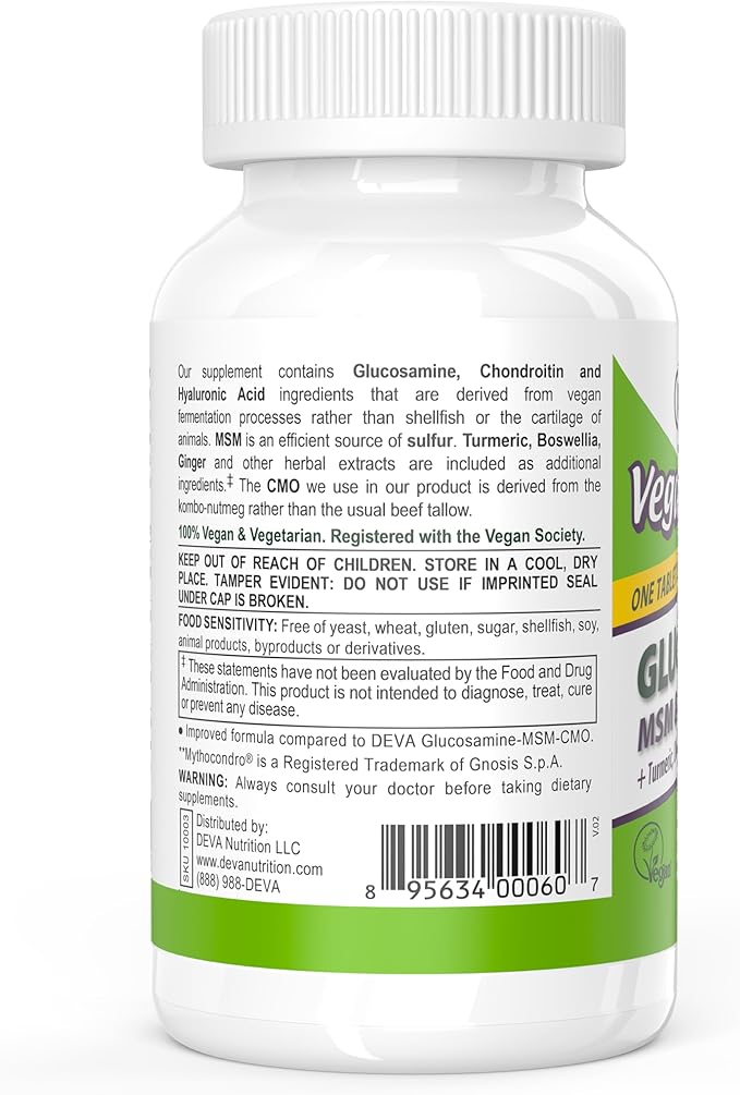 DEVA Vegan Glucosamine MSM &amp Chondroitin + Turmeric CMO Boswellia Hyaluronic Acid &amp More Improved Non-Animal Formula 90 Tablets (Pack of 2)