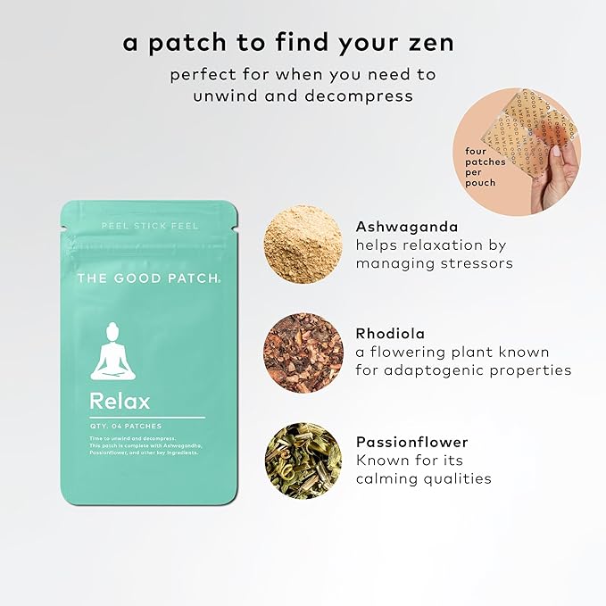 The Good Patch Relax Patches to Unwind and Decompress Natural Patch with Ashwagandha Ginger Root Plant Powered Wearable Wellness Sustained Release (16 Total Patches)