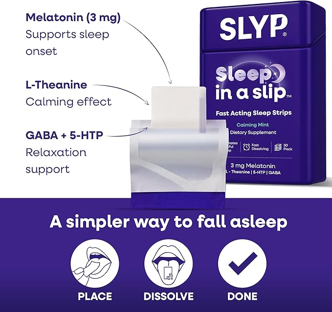 Slyp Fast-Dissolving Oral Mint Sleep Strips Natural Sleep Aid for Adults &amp Kids with Melatonin 3mg L-Theanine GABA &amp 5-HTP for Calm Support &amp Alternative to Sleeping Pills &amp Gummies
