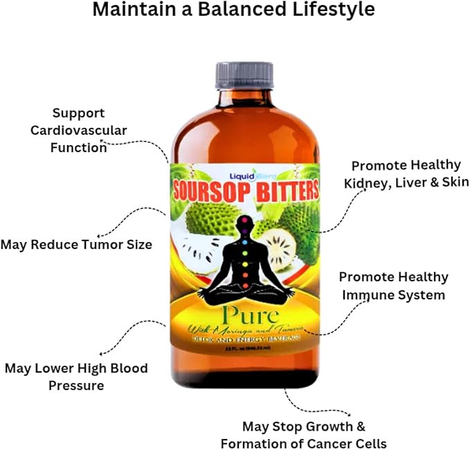 Pure Soursop Bitters with Moringa &amp Turmeric | Herbal Detox &amp Natural Energy Support | 32 fl oz