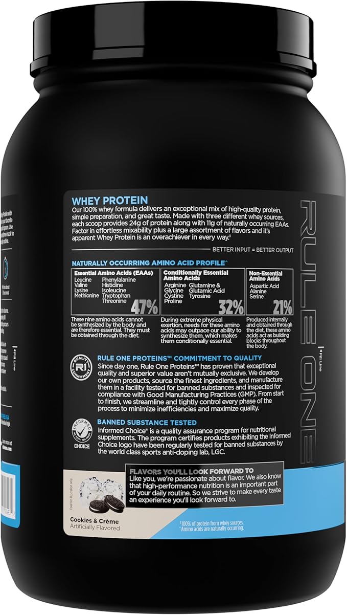 Rule 1 Whey Protein – 24g Fast-Acting Protein from All-Whey Sources with Naturally Occurring EAAs &amp BCAAs for Workout Recovery or Anytime Use (2 Pounds* Cookies &amp Crème)