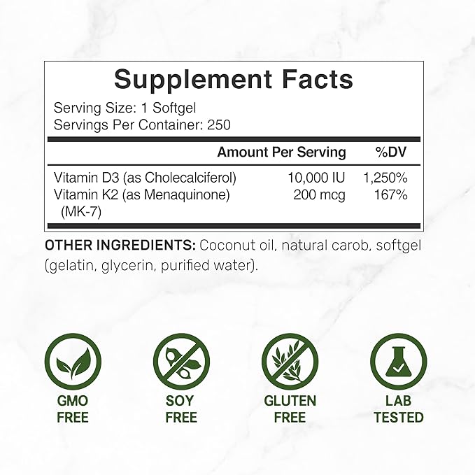 DEAL SUPPLEMENT Vitamin D3 10000 IU + K2 MK7 200mcg Softgels 250 Count | 2-in-1 Complex with Virgin Coconut Oil | Easy to Swallow