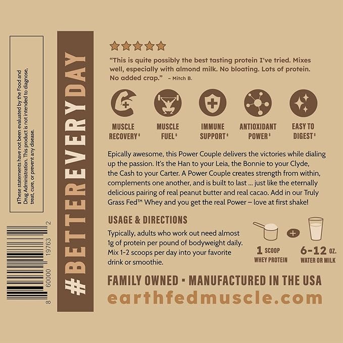 Earth Fed Muscle Power Couple Peanut Butter Chocolate Truly Grass Fed Whey Protein Isolate - Third-Party Certified. No Artificial Ingredients Soy Free Gluten Free Hormone Free 26 Servings