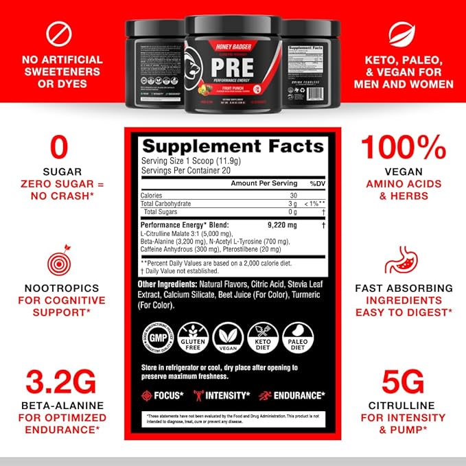 Honey Badger Pre Workout Powder Keto Vegan Preworkout for Men &amp Women Beta Alanine &amp Caffeine Sugar Free Natural Energy Supplement Fruit Punch (High-Stim)