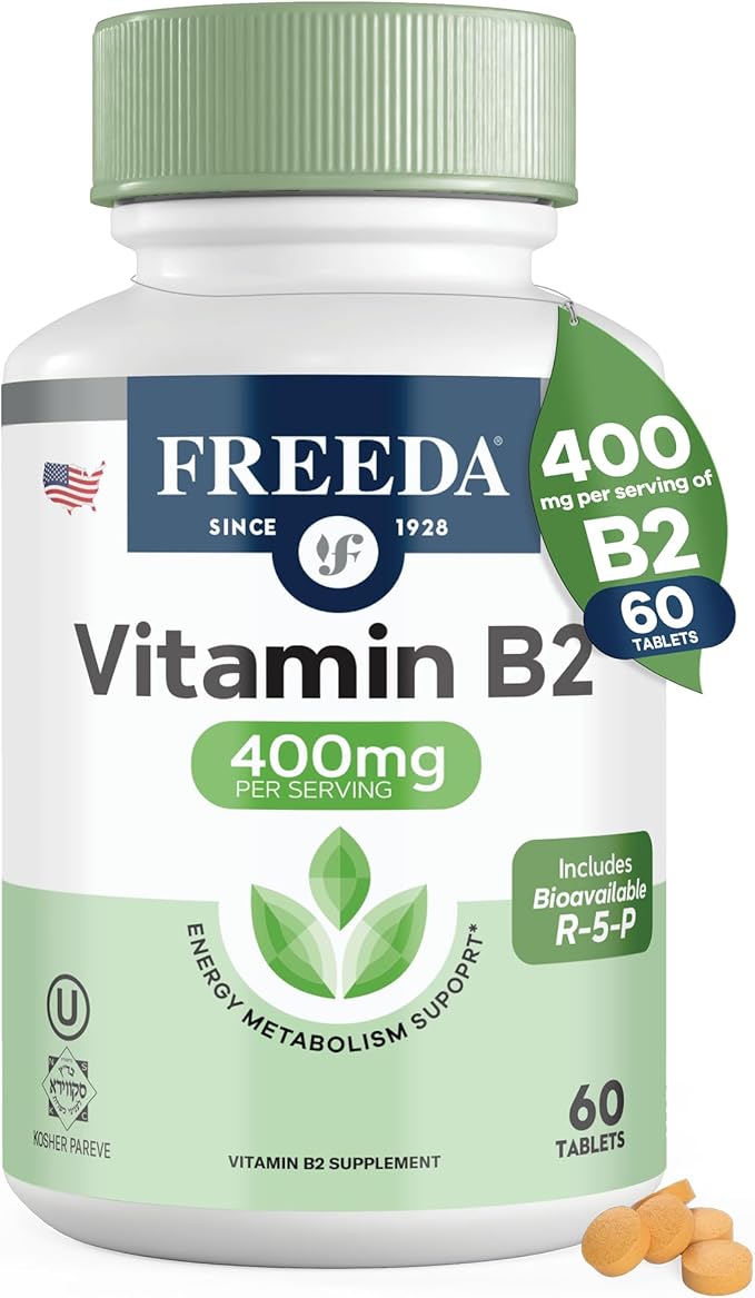 FREEDA Vitamin B2 400 mg Supplement with Riboflavin-5-Phosphate – High Potency B2 Vitamins Riboflavin 400mg per Serving for Energy Metabolism &amp Nervous System – Vegan VIT B 2 Small Tablets (60 C