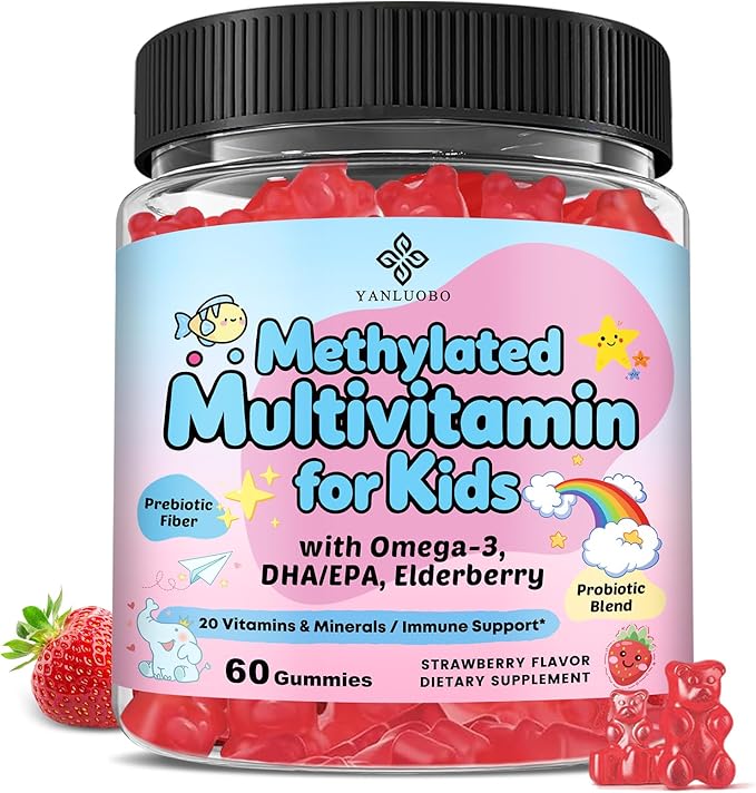 Kids Multivitamin Gummies with Omega-3 (Dha+Epa) Methylated B12 &amp Folate B6 B2 &amp Elderberry Vitamin D3 C A E Zinc Postbiotics Choline | for Brain Eye &amp Immune Clean Sugar Free