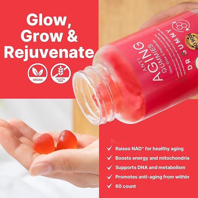 Anti-Aging Gummies with Nicotinamide Riboside (NR) – NAD⁺ Support for Cellular Energy &amp Mitochondrial Health – Metabolism &amp Vitality Support – Strawberry Flavor 60 Gummies