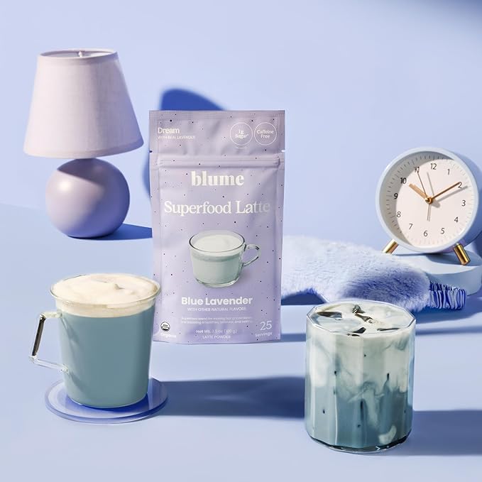 Blume Blue Lavender Superfood Latte Powder – Organic Lavender Tea Powder Blue Spirulina Blue Butterfly Pea Flower Tea Chamomile Coconut Milk - Caffeine Free Vegan 1g Sugar - 25 Servings